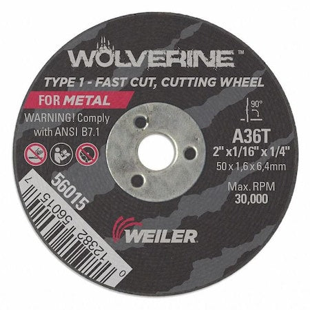 Abrasive Cut-Off Wheel, Type 1, 2 in Dia, 0.0625 in Thick, 1/4 in Arbor Hole Size, Aluminum Oxide
