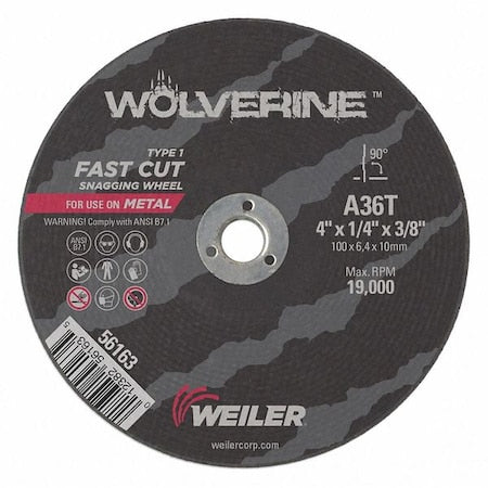 Abrasive Cut-Off Wheel, Type 1, 4 in Dia, 0.25 in Thick, 3/8 in Arbor Hole Size, Aluminum Oxide