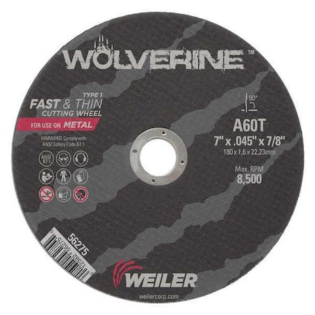 Abrasive Cut-Off Wheel, Type 1, 7 in Dia, 0.045 in Thick, 7/8 in Arbor Hole Size, Aluminum Oxide