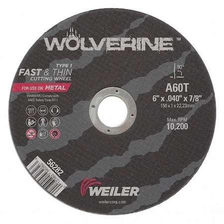 Abrasive Cut-Off Wheel, Type 1, 6 in Dia, 0.04 in Thick, 7/8 in Arbor Hole Size, Aluminum Oxide