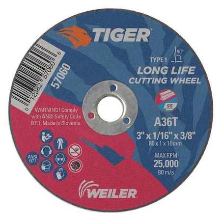 Abrasive Cut-Off Wheel, Type 1, 3 in Dia, 0.0625 in Thick, Aluminum Oxide