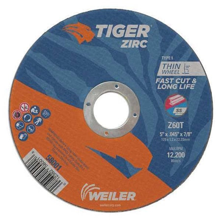 Abrasive Cut-Off Wheel, Type 1, 5 in Dia, 0.045 in Thick, Zirconia Alumina