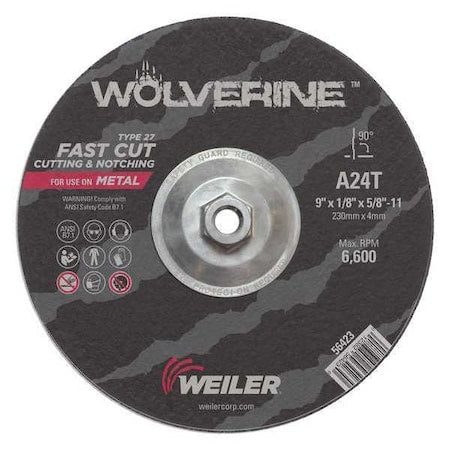 Cutting Wheel, Type 27, 9 in Dia, 0.125 in Thick, 5/8 in-11 UNC Nut Arbor Hole Size, Aluminum Oxide