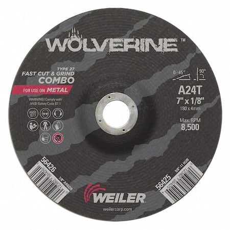 Cutting Wheel, Type 27, 7 in Dia, 0.125 in Thick, 7/8 in Arbor Hole Size, Aluminum Oxide