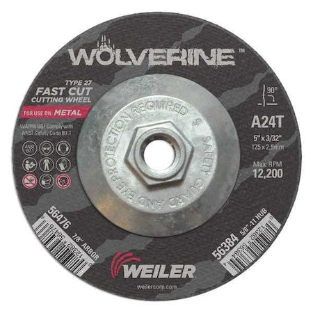 Cutting Wheel, Type 27, 5 in Dia, 0.0938 in Thick, 5/8 in-11 UNC Nut Arbor Hole Size