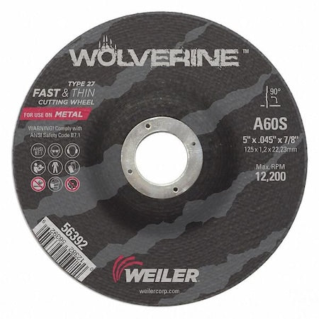Cutting Wheel, Type 27, 5 in Dia, 0.045 in Thick, 7/8 in Arbor Hole Size, Aluminum Oxide