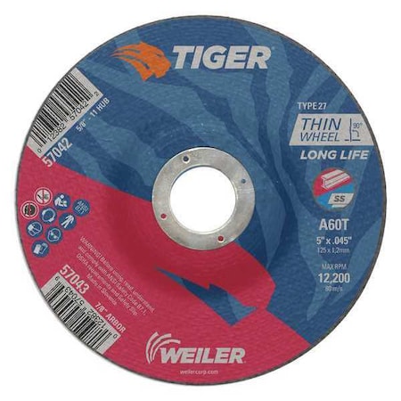 Cutting Wheel, Type 27, 5 in Dia, 0.045 in Thick, 7/8 in Arbor Hole Size, Aluminum Oxide
