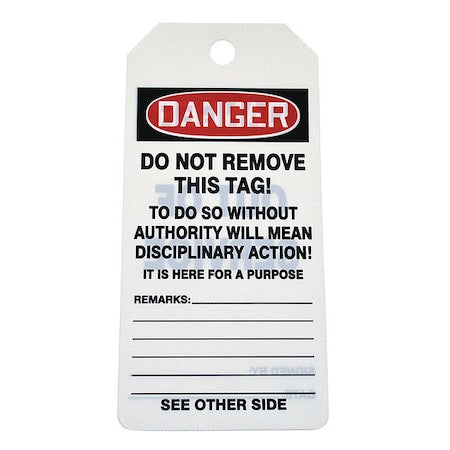 Tag, Danger, PVC, 6 1/4 in H x 3 in W, White, Rectangle, 100 PK