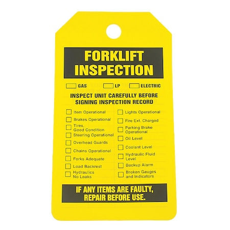 Tag, Forklift, Cardstock, 5 3/4 in H x 3 1/4 in W, Yellow, Rectangle, 25 PK