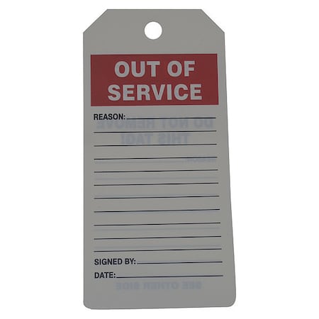 Tag, Out Of Service, PVC, 6 1/4 in H x 3 in W, White, Rectangle, 100 PK