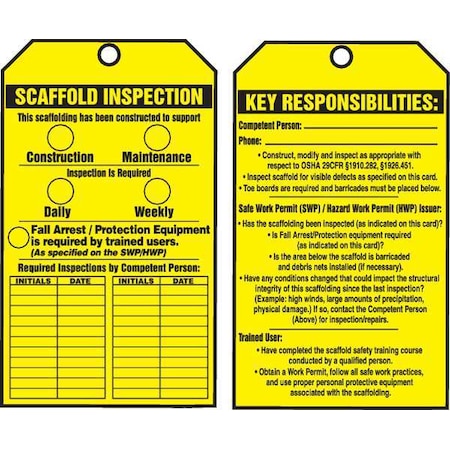 Tag, Scaffold, Cardstock, 6 1/4 in H x 3 in W, Yellow, Rectangle, 250 PK