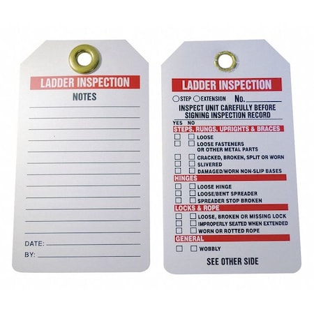 Tag, Ladder Inspection, Plastic, 5 3/4 in H x 3 1/4 in W, White, Rectangle, 25 PK