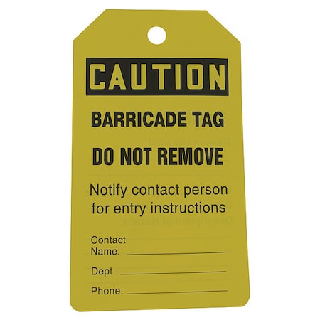 Caution Tag, Lockout Tagout, Cardstock, 5 3/4 in H x 3 1/4 in W, Yellow, Rectangle, 25 PK