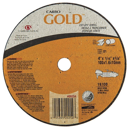 Abrasive Cut-Off Wheel, Type 1, 4 in Dia, 0.0625 in Thick, 3/8 in Arbor Hole Size, Aluminum Oxide