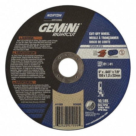 Abrasive Cut-Off Wheel, Type 1, 6 in Dia, 0.045 in Thick, 7/8 in Arbor Hole Size, Aluminum Oxide