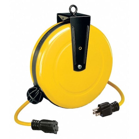 Cord Reel w/ Hand Lamp, Spring Retract, NEMA 5-15R, 14 AWG, Yellow Reel, 30 ft L (Formerly LumaPro)