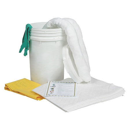 Spill Kit, 9 gal Volume Absorbed per Kit, 6 1/2 gal Capacity, Bucket, White, 16