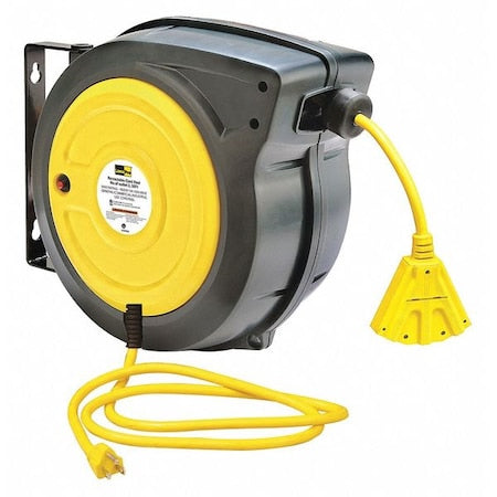 Cord Reel w/ Hand Lamp, Spring Retracted, NEMA 5-15R, 14 AWG, Yellow Reel, 50 ft (Formerly LumaPro)