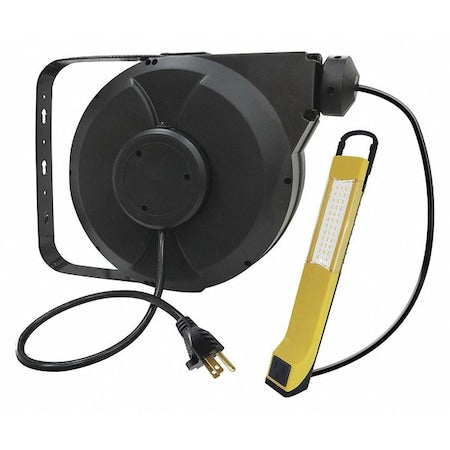 Cord Reel With Hand Lamp, Hand Operated, NEMA 5-15R, 16 AWG, Black Reel Color, 40 ft Length