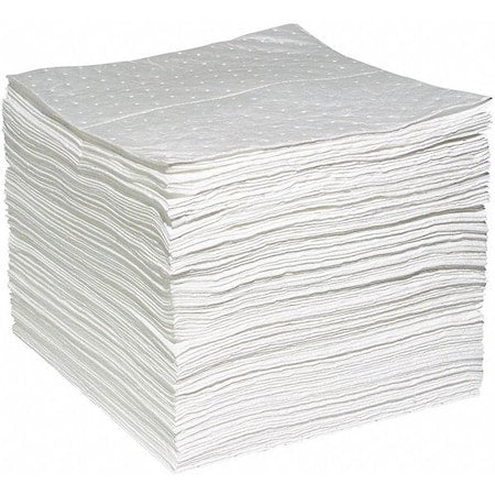 Absorbent Pad, 15 in W x 19 in L, Absorbs 26.3 gal. per Pkg, Oil, White, Poly Bag, 100PK