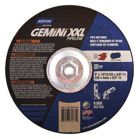 Cut-Off & Grinding Wheel, Type 27, 9 in Dia, 0.125 in Thick, 5/8"-11 Arbor Hole Size, 24 Grit