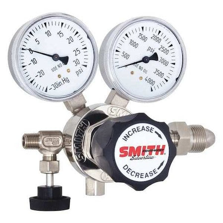 High Purity Gas Regulator, Hydrogen, Methane, Single Stage, 0.825""-14 Inlet, 1/4 in Outlet