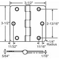 Door and Butt Hinge, Steel, Full Mortise Mounting, 3 1/2 in Leaf W x 3 1/2 in Leaf H, Satin Brass