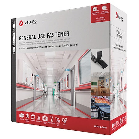 Reclosable Fastener, Acrylic Adhesive, 75 ft, 2 in W, Black