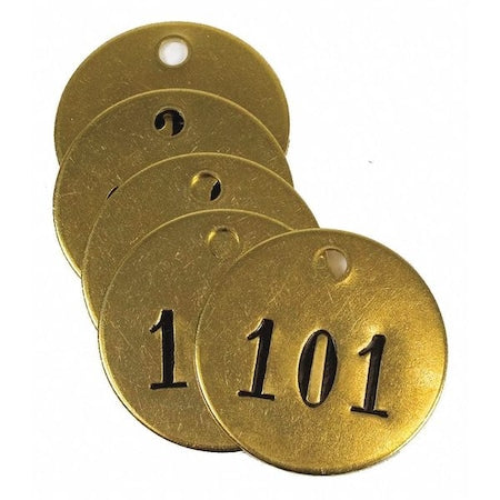 Numbered Tag, Brass, 1 1/2 in H x 1 1/2 in W, Yellow, Round, 25 PK