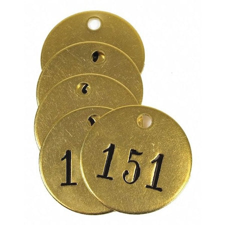 Numbered Tag, Brass, 1 1/2 in H x 1 1/2 in W, Yellow, Round, 25 PK