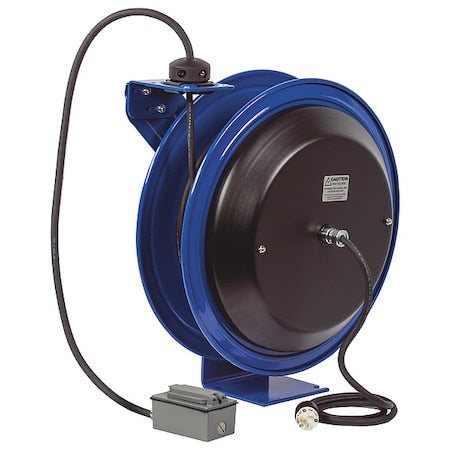 Cord Reel With Hand Lamp, Spring Retracted, NEMA 5-20R, 12 AWG, Blue Reel Color, 75 ft Length