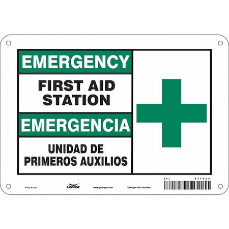 Emergency/Emergencia, First Aid Station/Unidad De Primeros Auxilios, 10 in x 7 in, Aluminum, 471V02