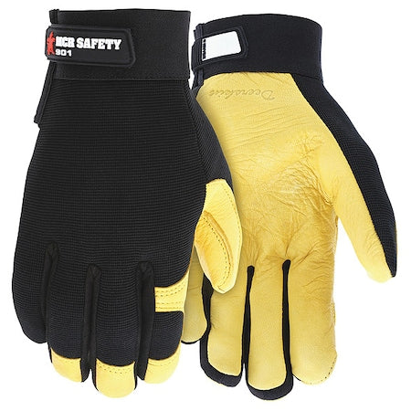 MCR Safety Multi-Task Mechanics Gloves, Grain Deerskin Leather Palm, Spandex Back, M, Black/Yellow