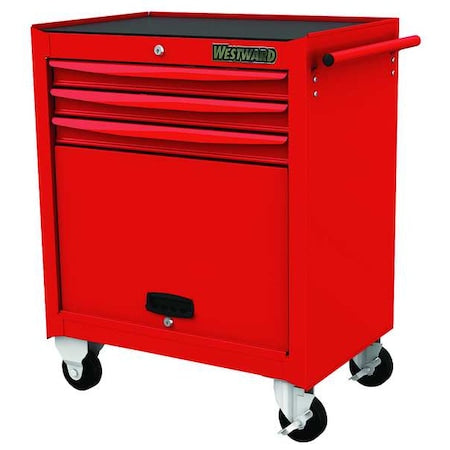 WESTWARD Rolling Tool Cabinet, 3-Drawers, Gloss Red, 29" W x 18" D x 34" H