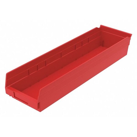 Shelf Storage Bin, Plastic, Red, 4 in H, 6 5/8 in W, 23 5/8 in L