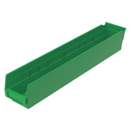 Shelf Storage Bin, Plastic, Green, 4 in H, 4 1/8 in W, 23 5/8 in L