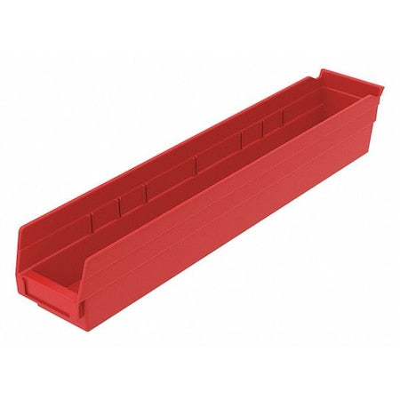 Shelf Storage Bin, Plastic, Red, 4 in H, 4 1/8 in W, 23 5/8 in L
