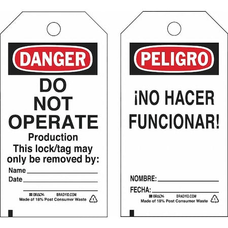 Lockout Tag, Danger/Peligro, Polyester, 3 in Width, 5 3/4 in Height, Write On Surface: Yes