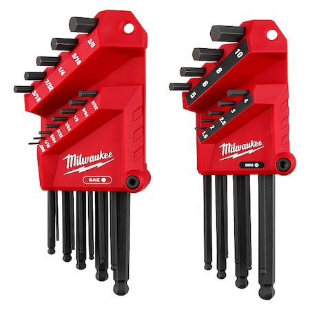 Ball End L Key Set, SAE/Metric, 1/16 to 3/8 in and 1.5 to 10 mm, Includes Case, 22 pc