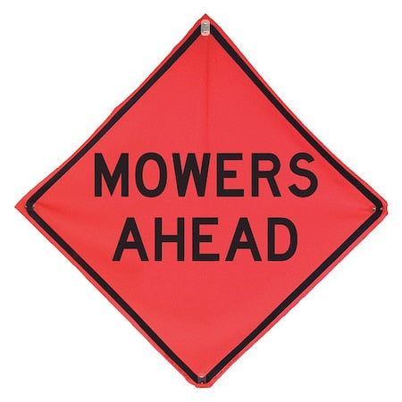 Mowing Ahead Traffic Sign, 36 in Height, 36 in Width, Polyester, PVC, Diamond, English