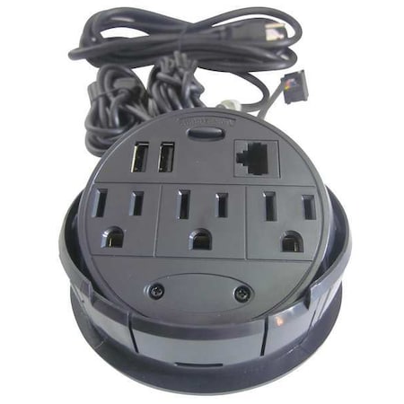 Power Strip, Recessed, 3 5-15R, 5-15P, 8 ft., Black