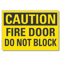 Caution Sign, Non-PVC Polymer, 10 in W, 7 in H, Fire Door Do Not Block, Yellow