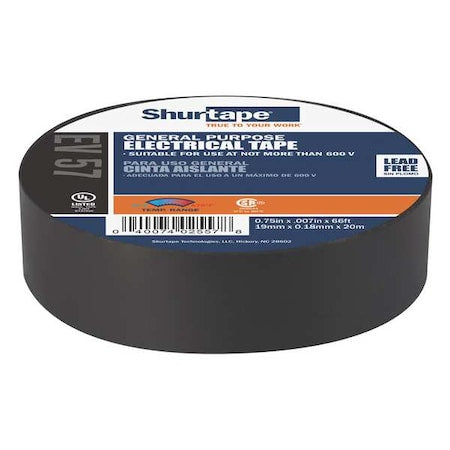Vinyl Electrical Tape, 3/4 in W x 66 ft L, 7 mil thick, Black