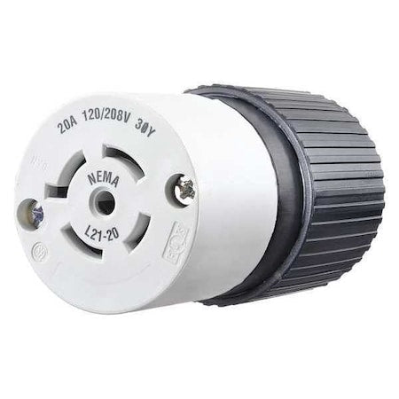 Locking Connector, L21-20R, 20 A, 120/208V AC, Three Phase, 4 Pole, Screw Terminals, Black, White