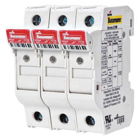 Fuse Holder, 0 to 30A Amp Range, 600V AC/DC Volt Rating, 4 Poles, Clamp/Spade Lug