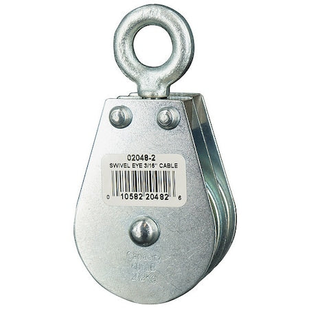 Pulley Block, Wire Rope, 3/16 in Max Cable Size, 600 lb Max Load, Zinc Plated