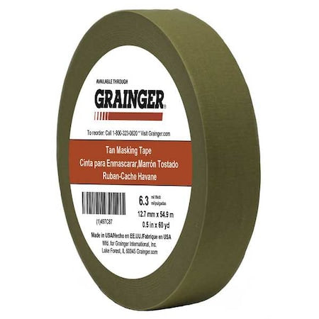 Masking Tape, 1/2 in W x 60 yd L, 6.3 mil Thick, Tan, Rubber Adhesive
