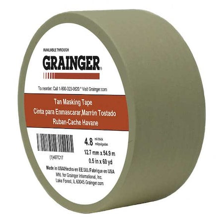 Masking Tape, 1/2 in W x 60 yd L, 4.8 mil Thick, Tan, Rubber Adhesive