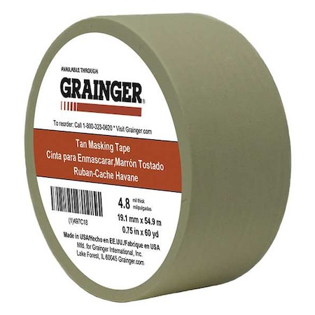 Masking Tape, 3/4 in W x 60 yd L, 4.8 mil Thick, Tan, Rubber Adhesive