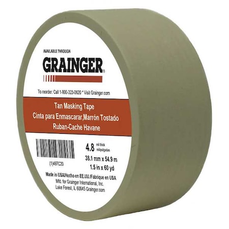 Masking Tape, 1 1/2 in W x 60 yd L, 4.8 mil Thick, Tan, Rubber Adhesive